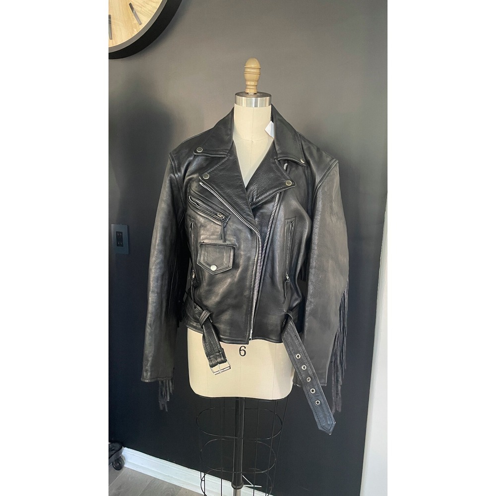 Women's Black Leather Biker Jacket w/Fringe, Large